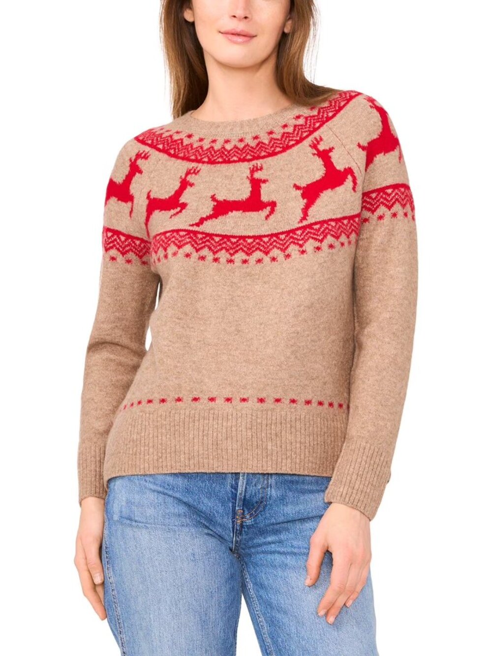 NEW Vince Camuto Women's Holiday Sweater Brown - Reindeer Fair Isle XS
